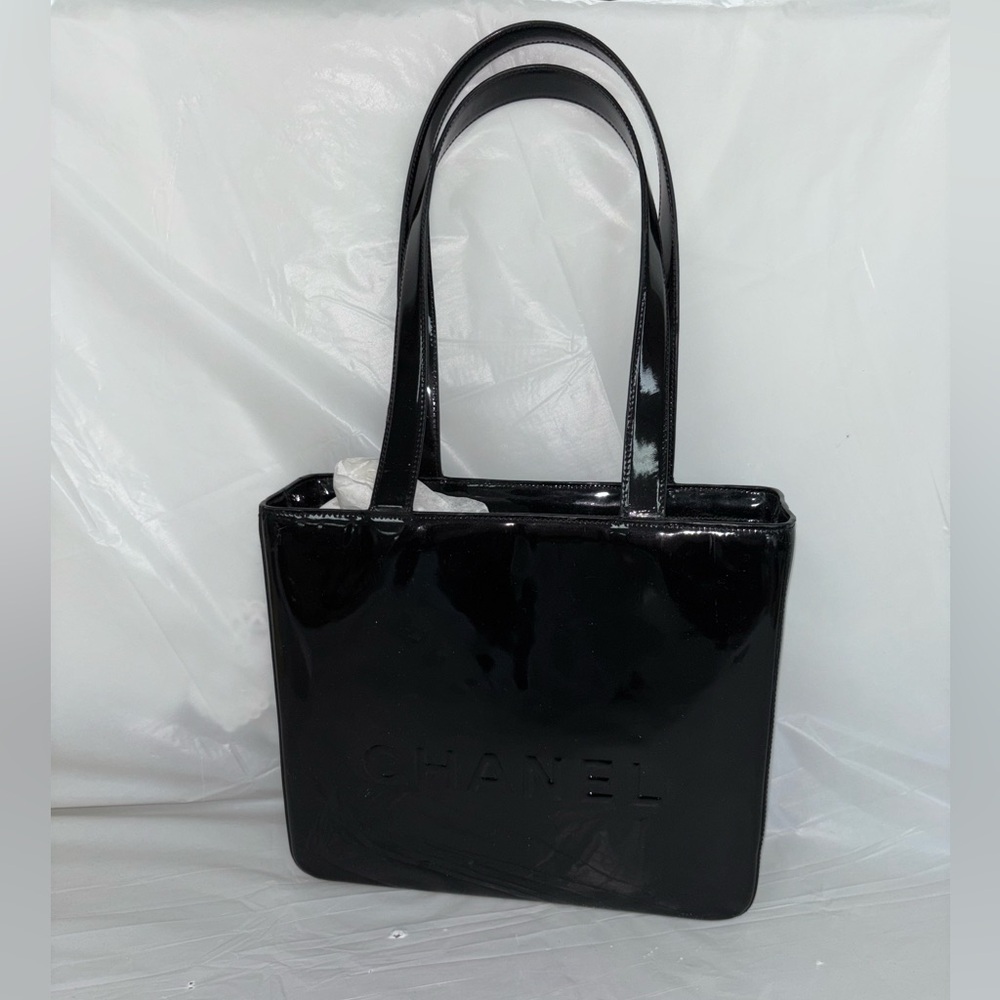 Authentic Chanel Black Patent Logo Tote Bag